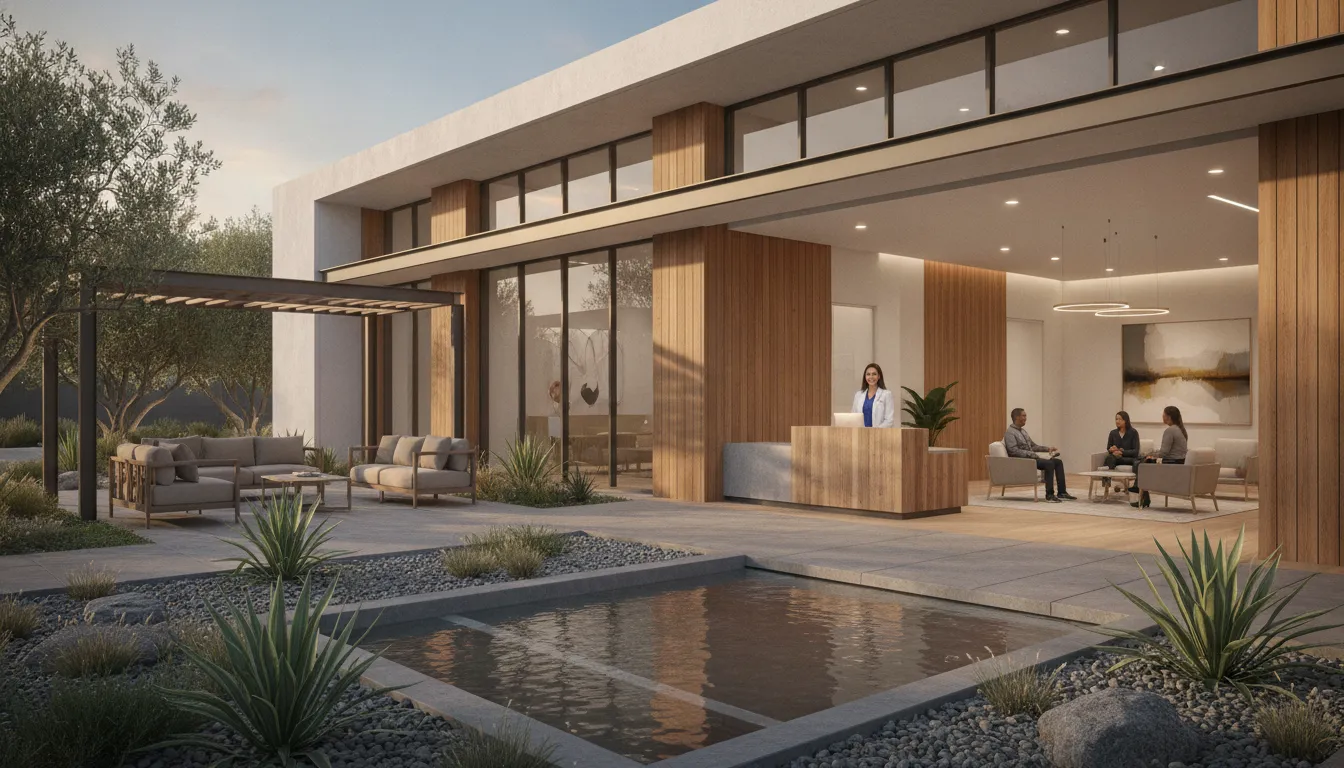 Serene residential rehab facility in Orange County with sunny landscaping and professional clinical design